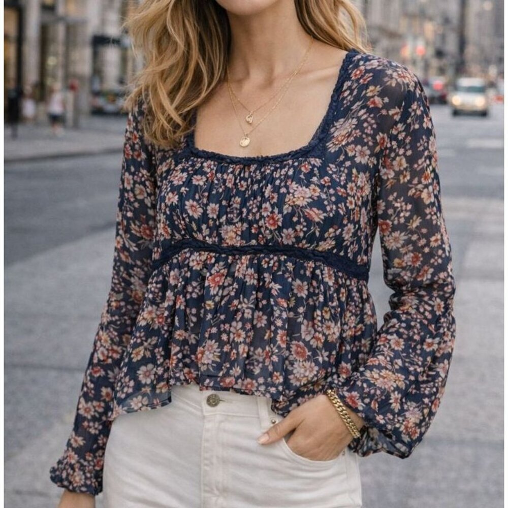 Vintage Ralph Lauren Floral Baby Doll Style Long Sleeve Top Size M Blue